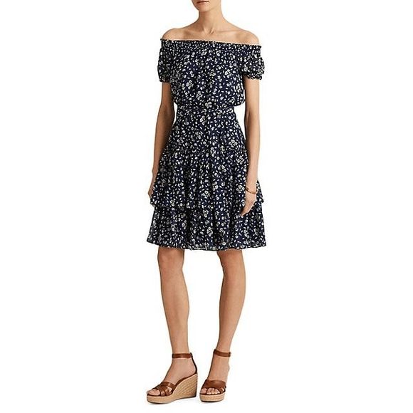 Lauren Ralph Lauren Floral Crinkled Georgette Dress - Blue Cream 16 - Picture 8 of 9